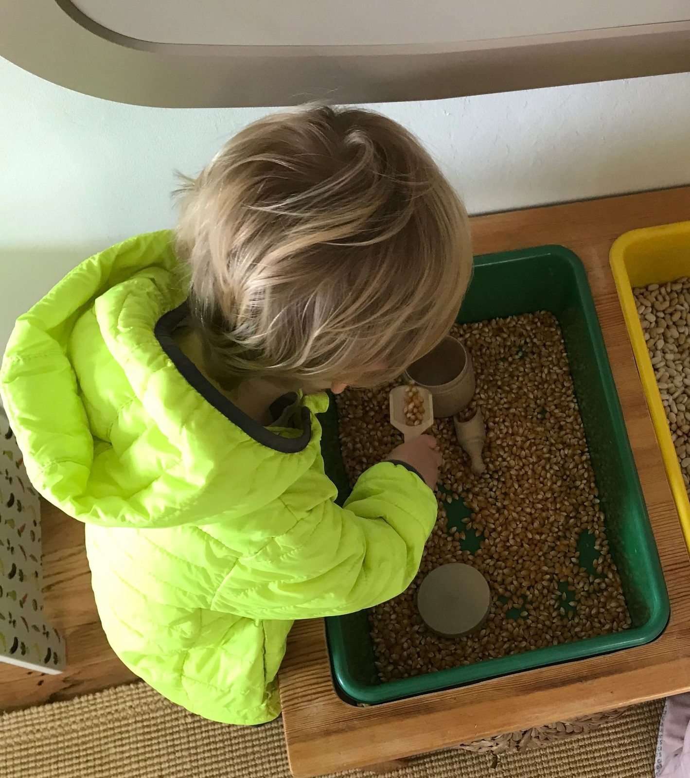A child exploring a sensory bin
