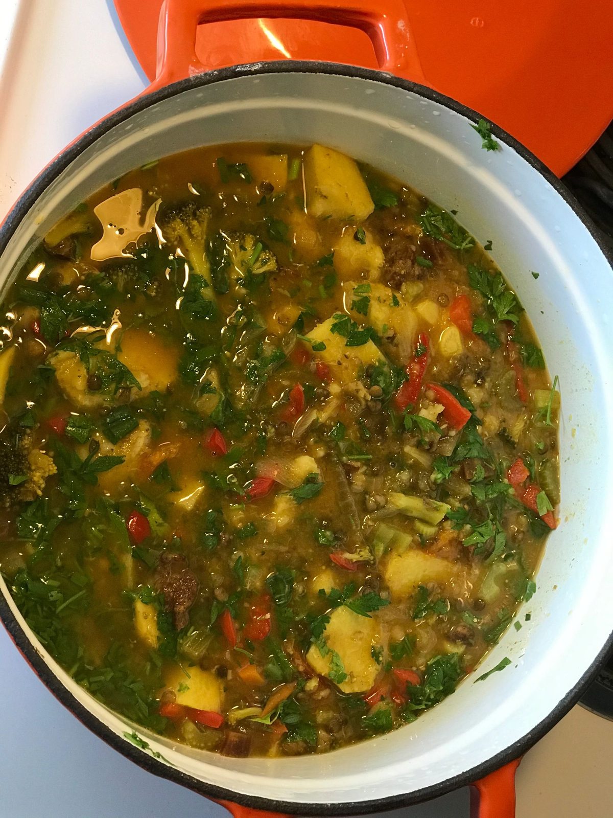 A pot of homemade vegetable soup